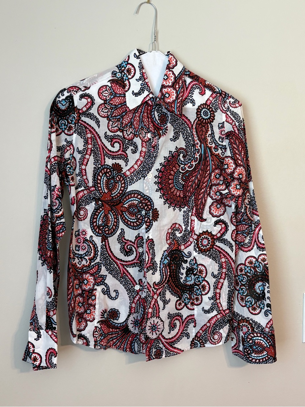 Craig Taylor Printed Paisley Button-Up Shirt - White with Red & Black - Small